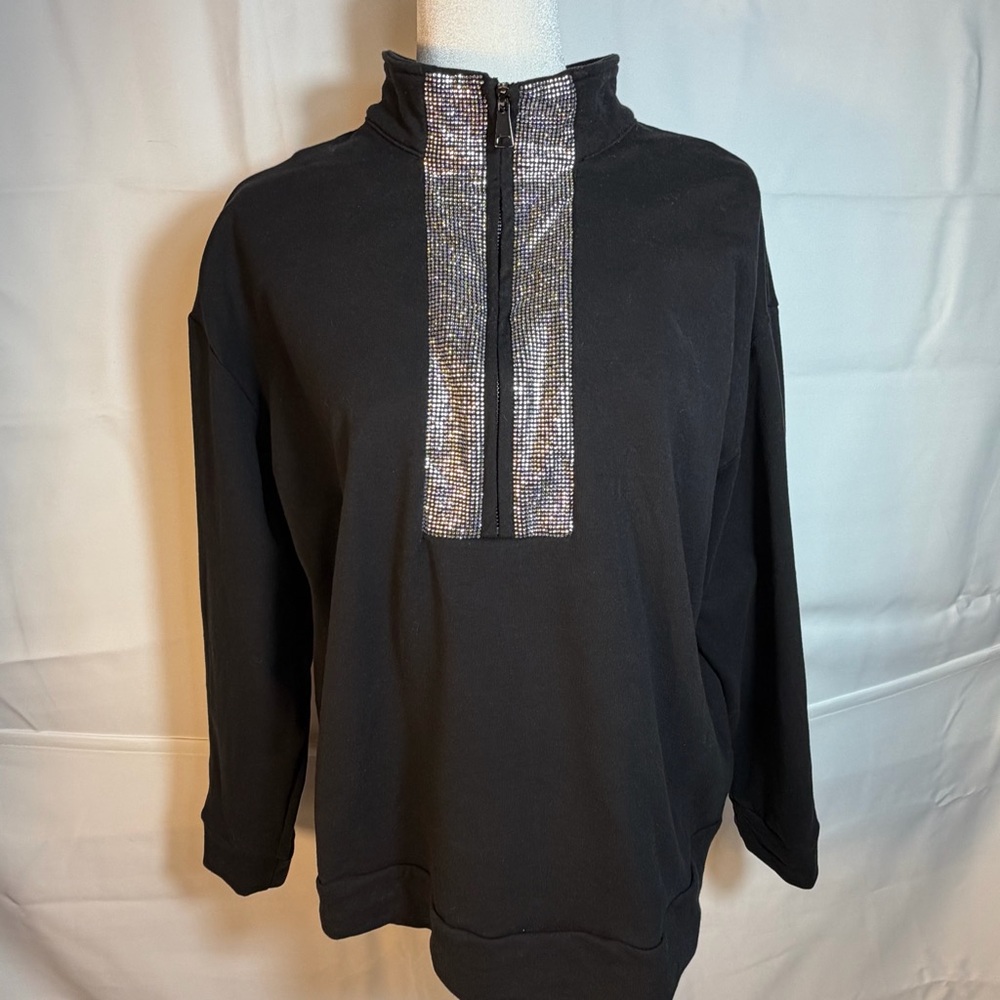 Boston Proper Black Rhinestone 1/2 Zip Sweatshirt XL Crystal Luxe Lounge Bling